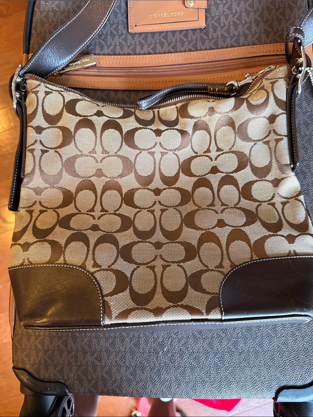 Coach Brown Signature Canvas Shoulder Bag with Dark Brown Leather Trim